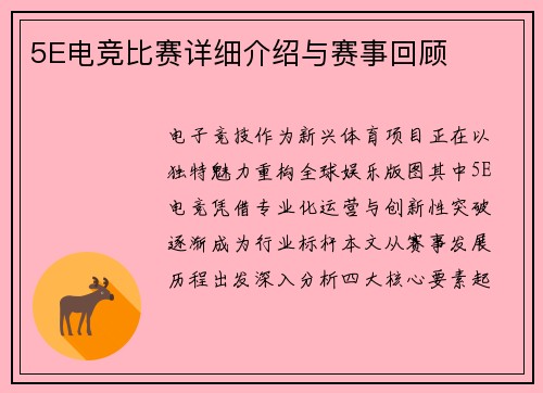 5E电竞比赛详细介绍与赛事回顾