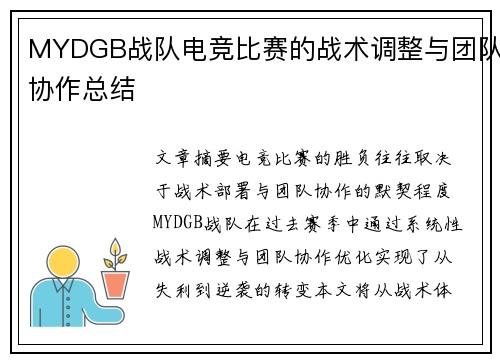MYDGB战队电竞比赛的战术调整与团队协作总结